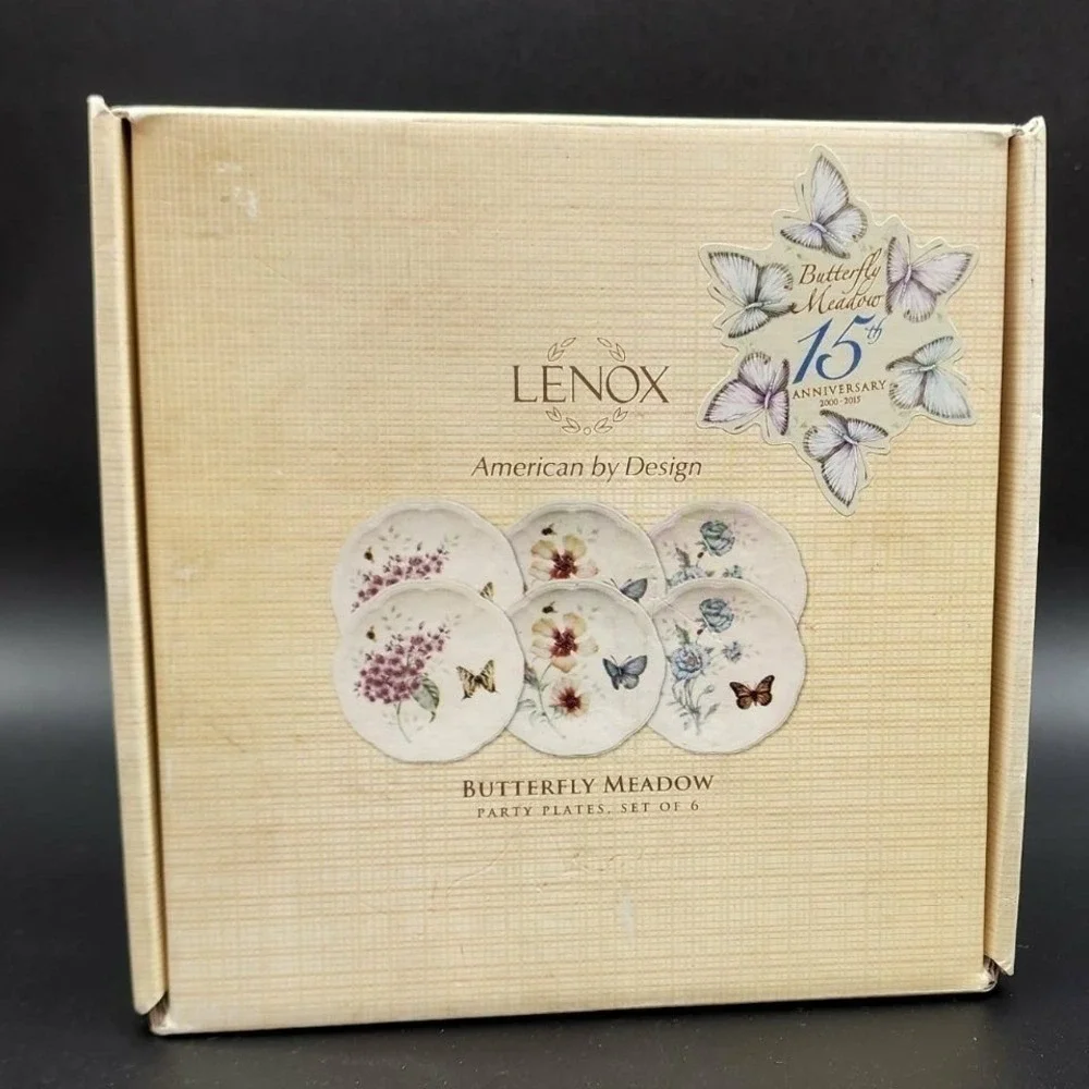 Lenox Party Plates 6in White Butterfly‎ Meadow Floral Set of 6 Porcelain